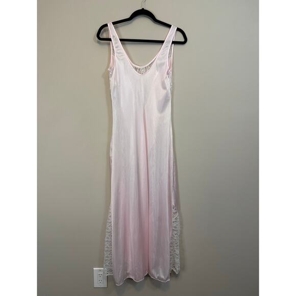 Vintage Nightgown Slip Dress M Pink Satin Lace Sheer French Romantic Fairycore - Picture 2 of 10